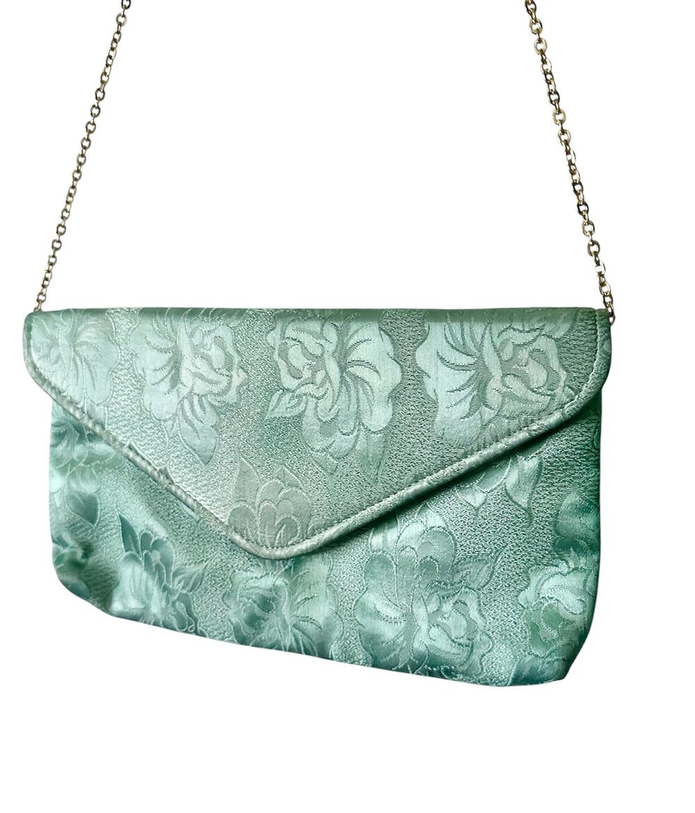 Vintage Satin purse handbag green floral chain wristlet 1980s mint 80s